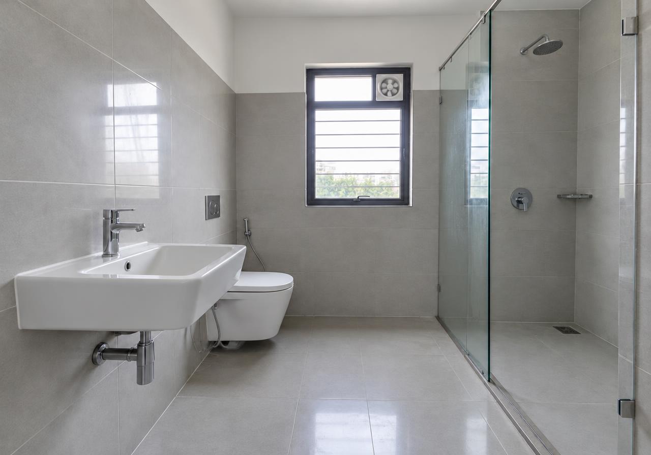 AI-generated apartment bathroom after repairs: Wall refinished · Tile replaced · Joints sealed