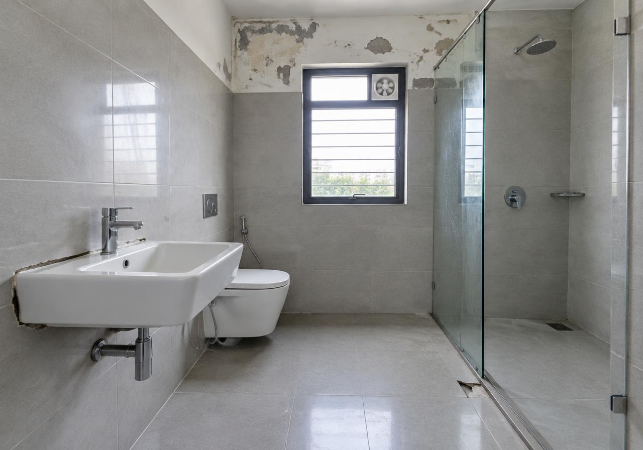 AI-generated apartment bathroom before repairs: Damp paint · Damaged tile · Incomplete sealant